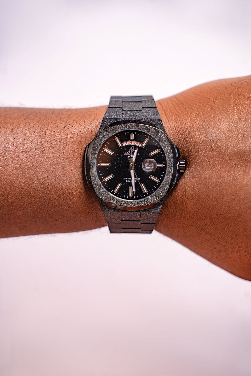 All Black frosted stardust Constellation Day-Date - from ASOROCK WATCHES  a black african american owned luxury unique watch brand with swiss rolex, Audemars Piguet, patek homage inspired style watches. Also a custom vvs moissanite diamond watch maker. 