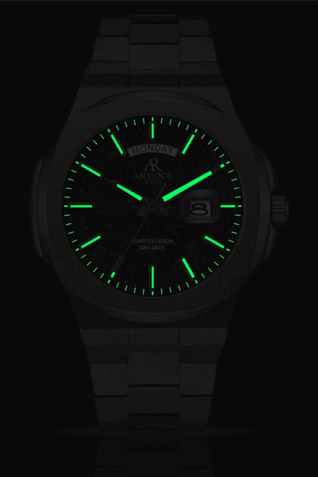 All Black frosted stardust Constellation Day-Date - from ASOROCK WATCHES  a black african american owned luxury unique watch brand with swiss rolex, Audemars Piguet, patek homage inspired style watches. Also a custom vvs moissanite diamond watch maker. 