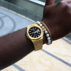 Gold/Black Frosted Stardust Constellation Day Date - from ASOROCK WATCHES  a black african american owned luxury unique watch brand with swiss rolex, Audemars Piguet, patek homage inspired style watches. Also a custom vvs moissanite diamond watch maker.