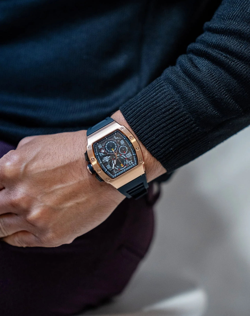 Rosegold/Black Motorsport GT - from ASOROCK WATCHES  a black african american owned luxury unique watch brand with swiss rolex, Audemars Piguet, patek homage inspired style watches. Also a custom vvs moissanite diamond watch maker.