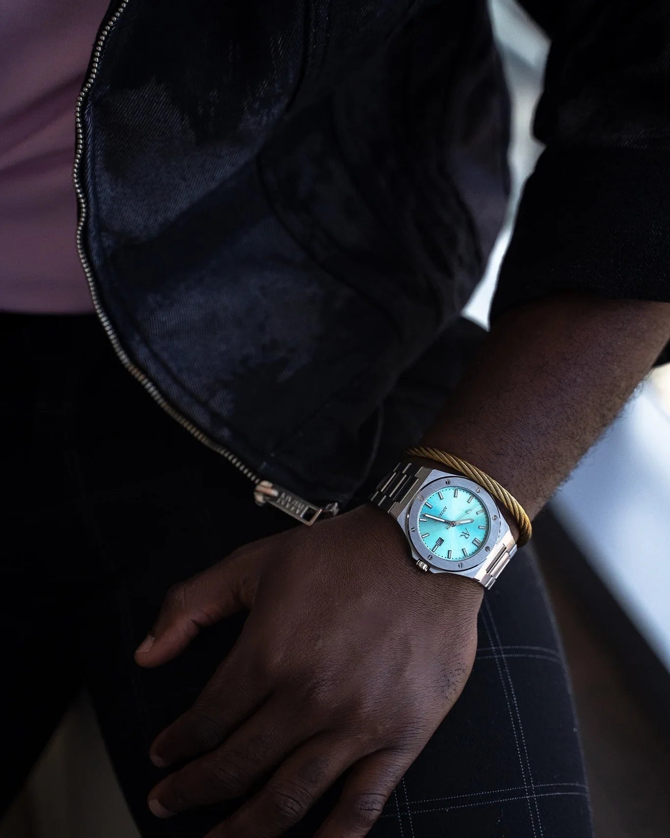 Silver/Blue turquoise dial Mansa - from ASOROCK WATCHES  a black african american owned luxury unique watch brand with swiss rolex, Audemars Piguet, patek homage inspired style watches. Also a custom vvs moissanite diamond watch maker.