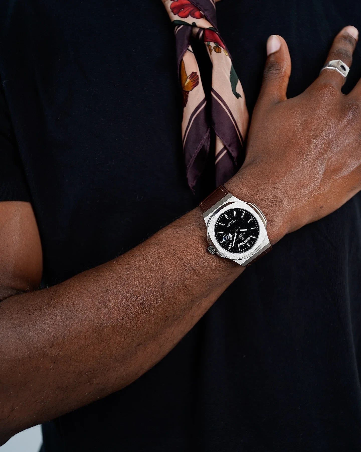 Silver/Black - brown leather strap plain Constellation Day Date - from ASOROCK WATCHES  a black african american owned luxury unique watch brand with swiss rolex, Audemars Piguet, patek homage inspired style watches. Also a custom vvs moissanite diamond watch maker.