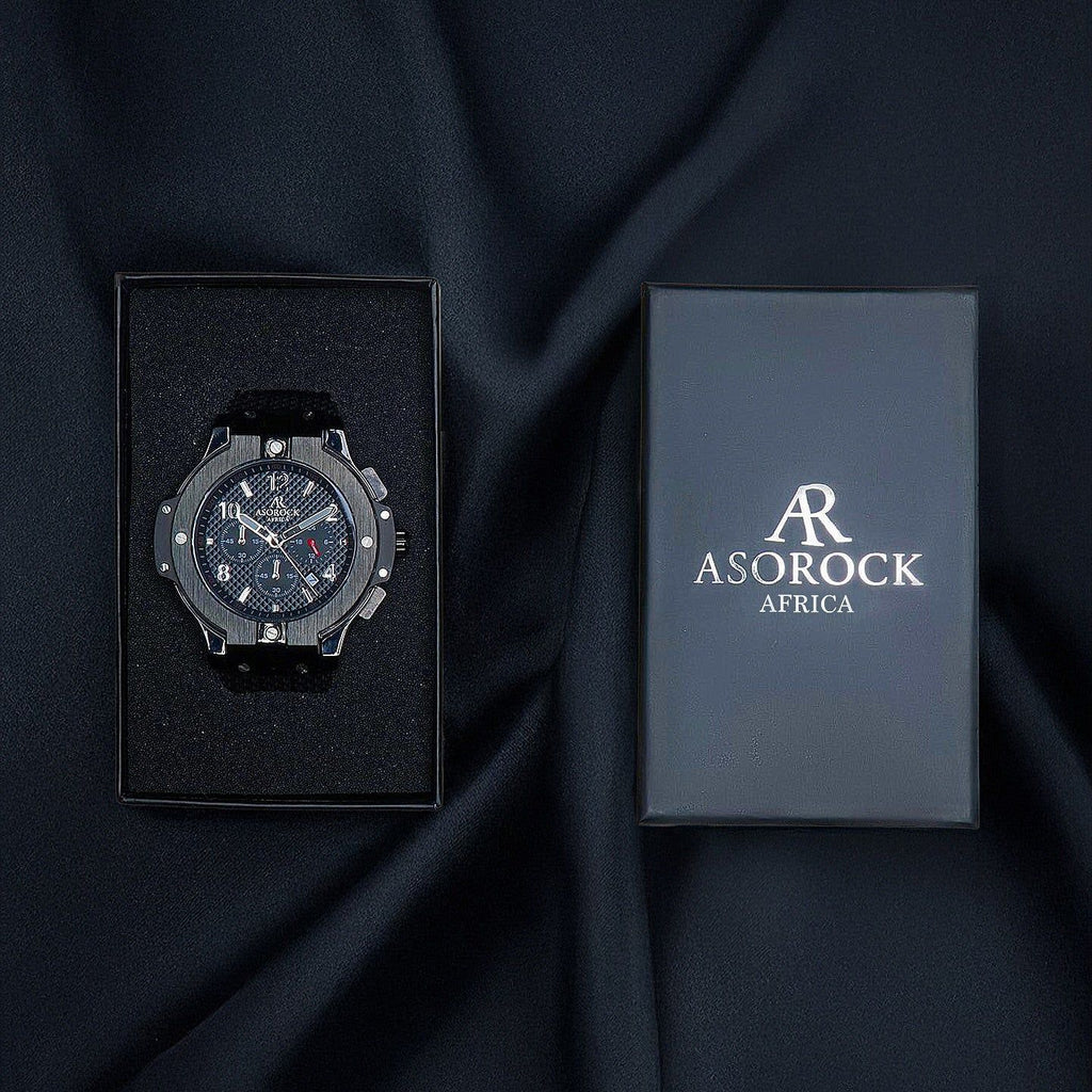 ALL BLACK SPEEDRACER 2.0 - from ASOROCK WATCHES  a black african american owned luxury unique watch brand with swiss rolex, Audemars Piguet, patek homage inspired style watches. Also a custom vvs moissanite diamond watch maker.