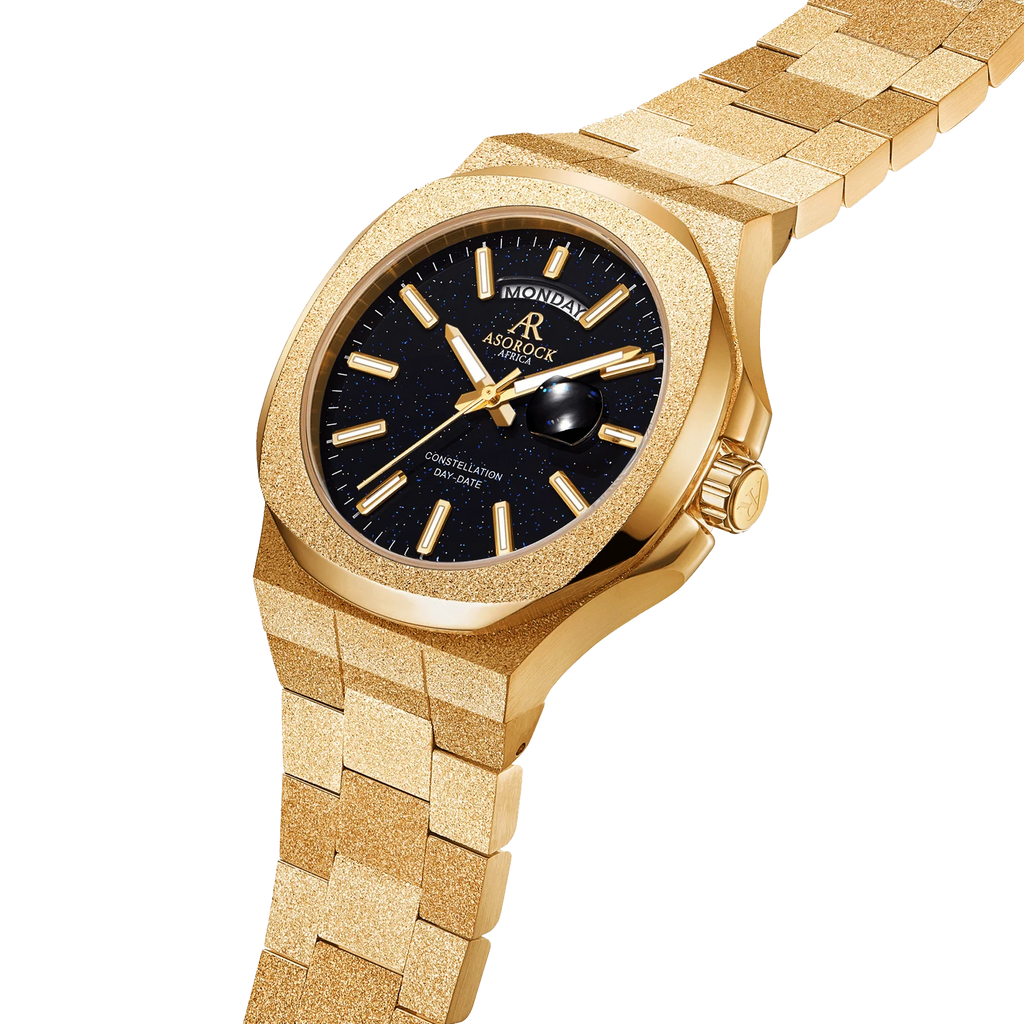 Gold/Black Frosted Stardust Constellation Day Date - from ASOROCK WATCHES  a black african american owned luxury unique watch brand with swiss rolex, Audemars Piguet, patek homage inspired style watches. Also a custom vvs moissanite diamond watch maker. 