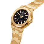 Gold/Black Frosted Stardust Constellation Day Date - from ASOROCK WATCHES  a black african american owned luxury unique watch brand with swiss rolex, Audemars Piguet, patek homage inspired style watches. Also a custom vvs moissanite diamond watch maker. 