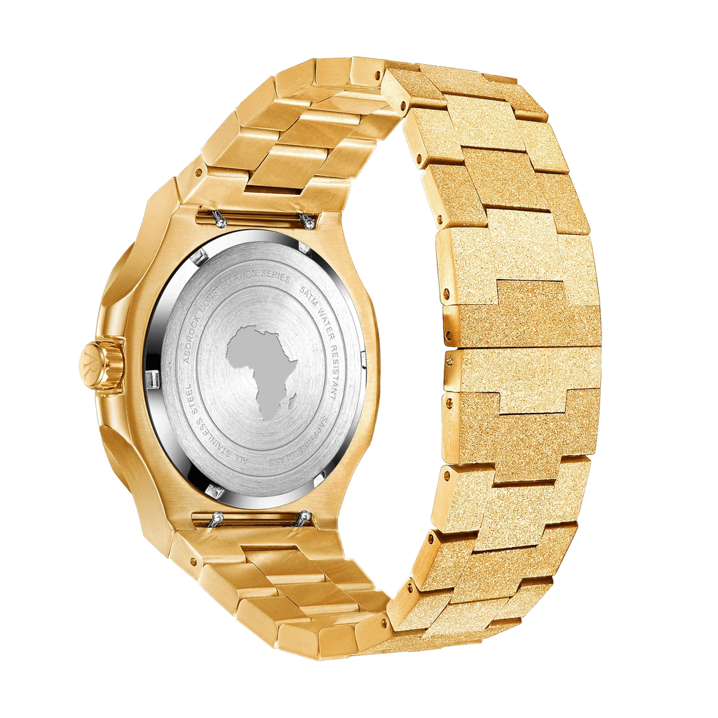 Gold/Black Frosted Stardust Constellation Day Date - from ASOROCK WATCHES  a black african american owned luxury unique watch brand with swiss rolex, Audemars Piguet, patek homage inspired style watches. Also a custom vvs moissanite diamond watch maker. 