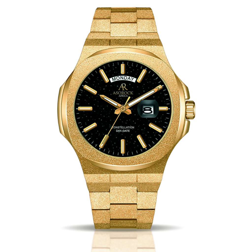 Gold/Black Frosted Stardust Constellation Day Date - from ASOROCK WATCHES  a black african american owned luxury unique watch brand with swiss rolex, Audemars Piguet, patek homage inspired style watches. Also a custom vvs moissanite diamond watch maker. 