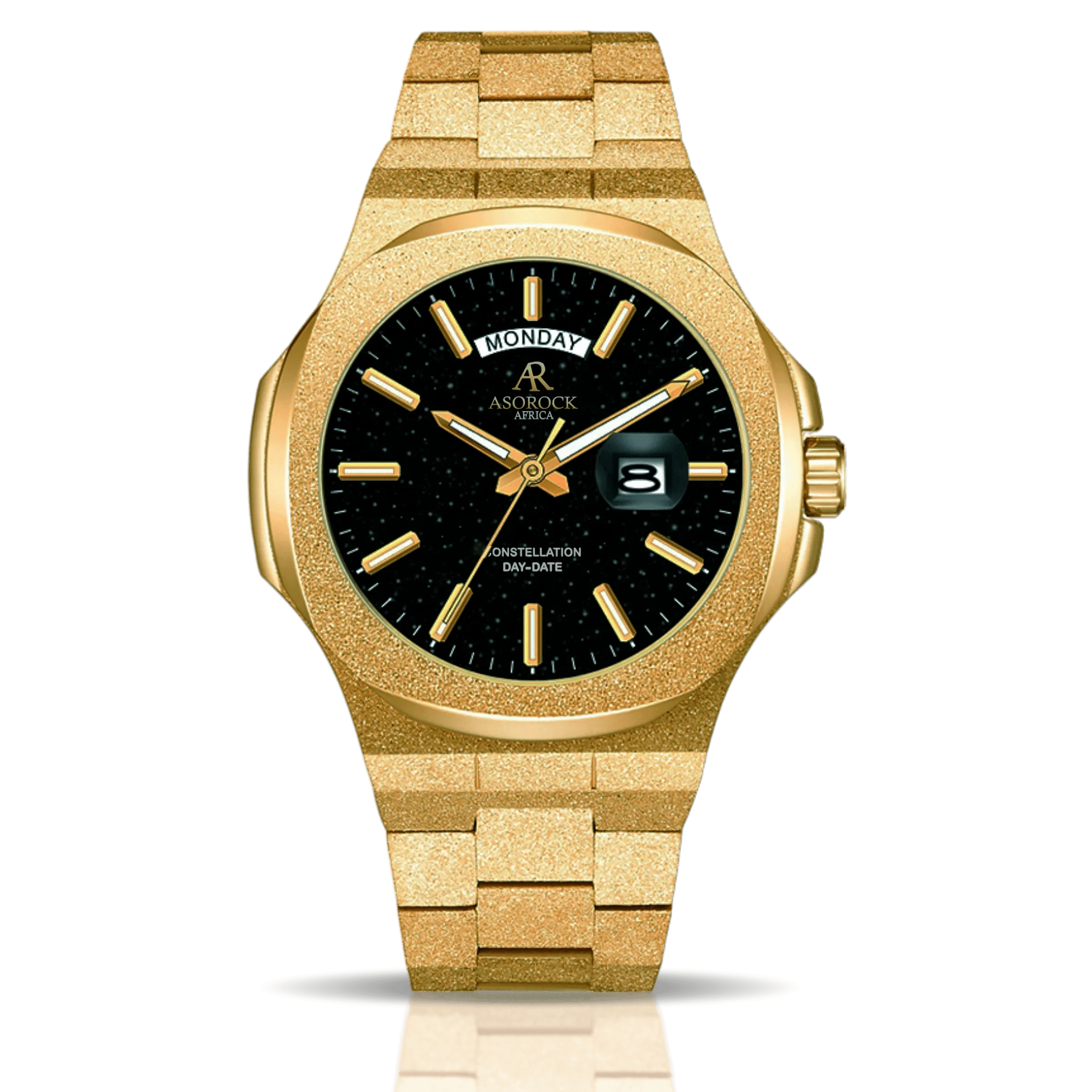 Gold/Black Frosted Stardust Constellation Day Date - from ASOROCK WATCHES  a black african american owned luxury unique watch brand with swiss rolex, Audemars Piguet, patek homage inspired style watches. Also a custom vvs moissanite diamond watch maker. 