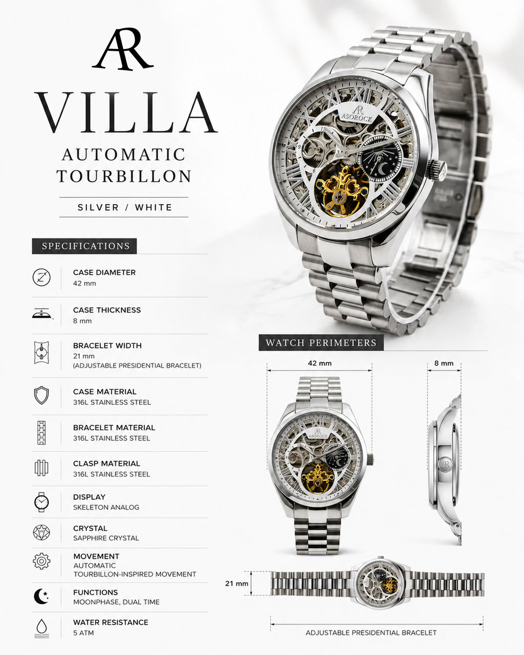 silver/white Villa Automatic Tourbillon (Pre-order ships out in August)