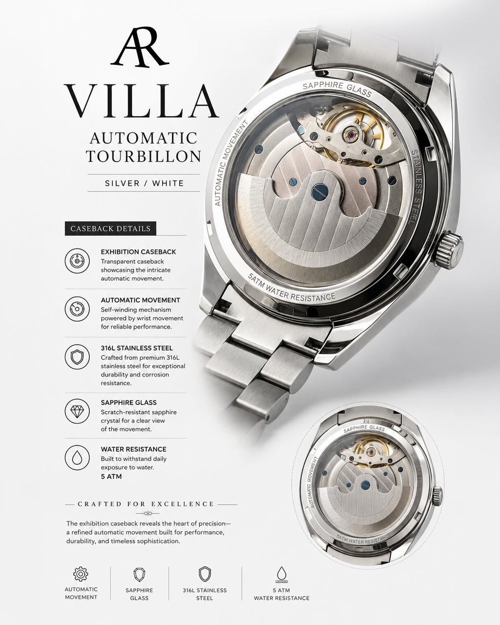silver/white Villa Automatic Tourbillon (Pre-order ships out in August)