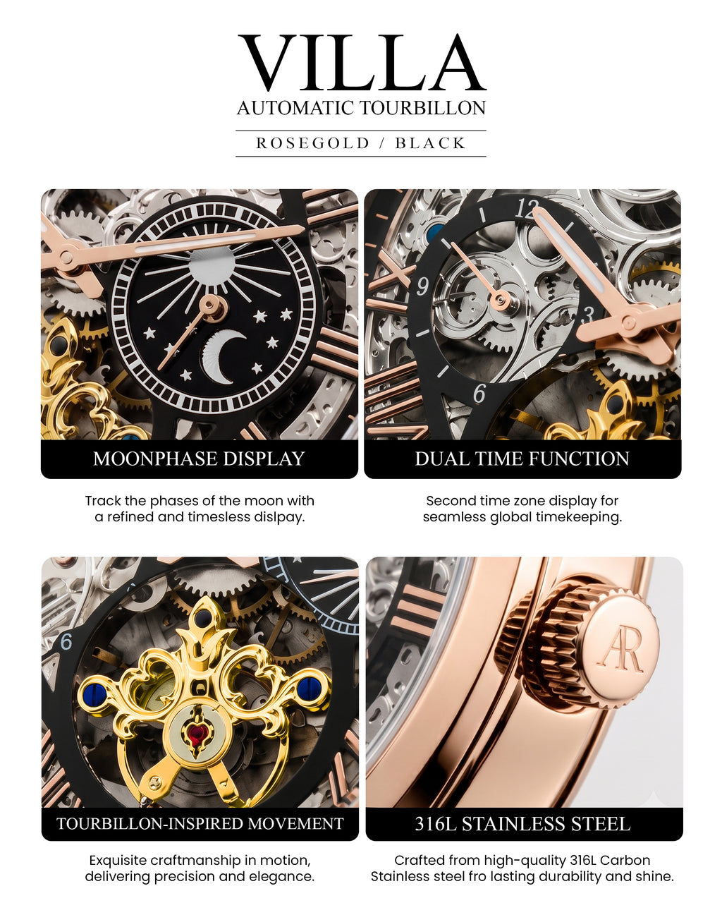 Rosegold/Black Villa Automatic Tourbillon (Pre-order ships out in August)