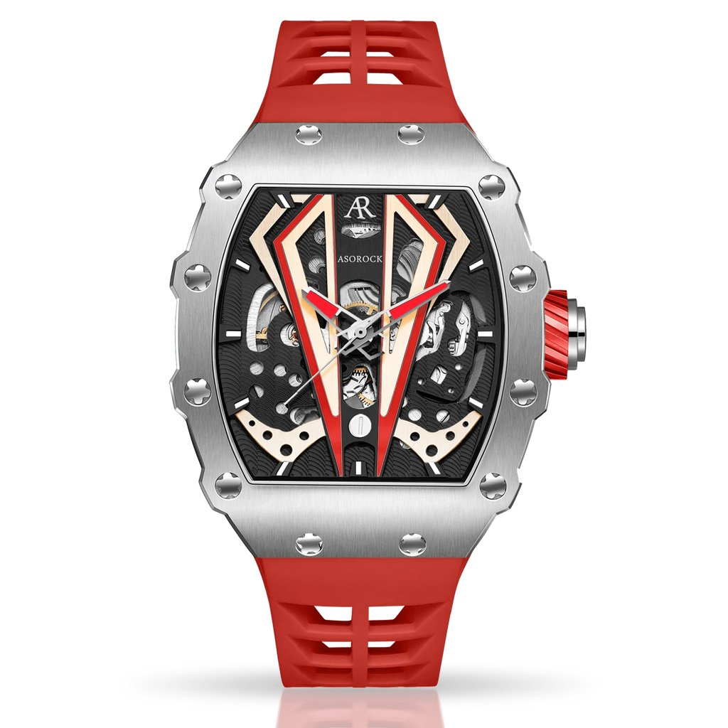 Silver/red Motorsport V2 automatic - from ASOROCK WATCHES  a black african american owned luxury unique watch brand with swiss rolex, Audemars Piguet, patek homage inspired style watches. Also a custom vvs moissanite diamond watch maker. 