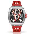 Silver/red Motorsport V2 automatic - from ASOROCK WATCHES  a black african american owned luxury unique watch brand with swiss rolex, Audemars Piguet, patek homage inspired style watches. Also a custom vvs moissanite diamond watch maker. 