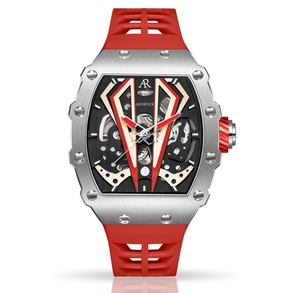 Silver/red Motorsport V2 automatic - from ASOROCK WATCHES  a black african american owned luxury unique watch brand with swiss rolex, Audemars Piguet, patek homage inspired style watches. Also a custom vvs moissanite diamond watch maker. 
