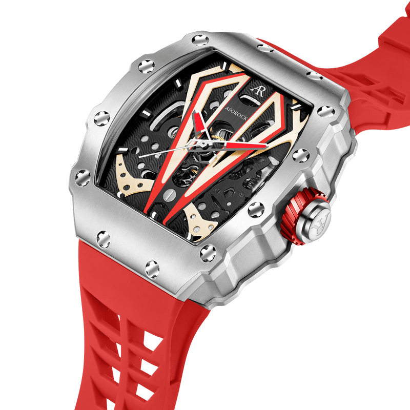 Silver/red Motorsport V2 automatic - from ASOROCK WATCHES  a black african american owned luxury unique watch brand with swiss rolex, Audemars Piguet, patek homage inspired style watches. Also a custom vvs moissanite diamond watch maker. 