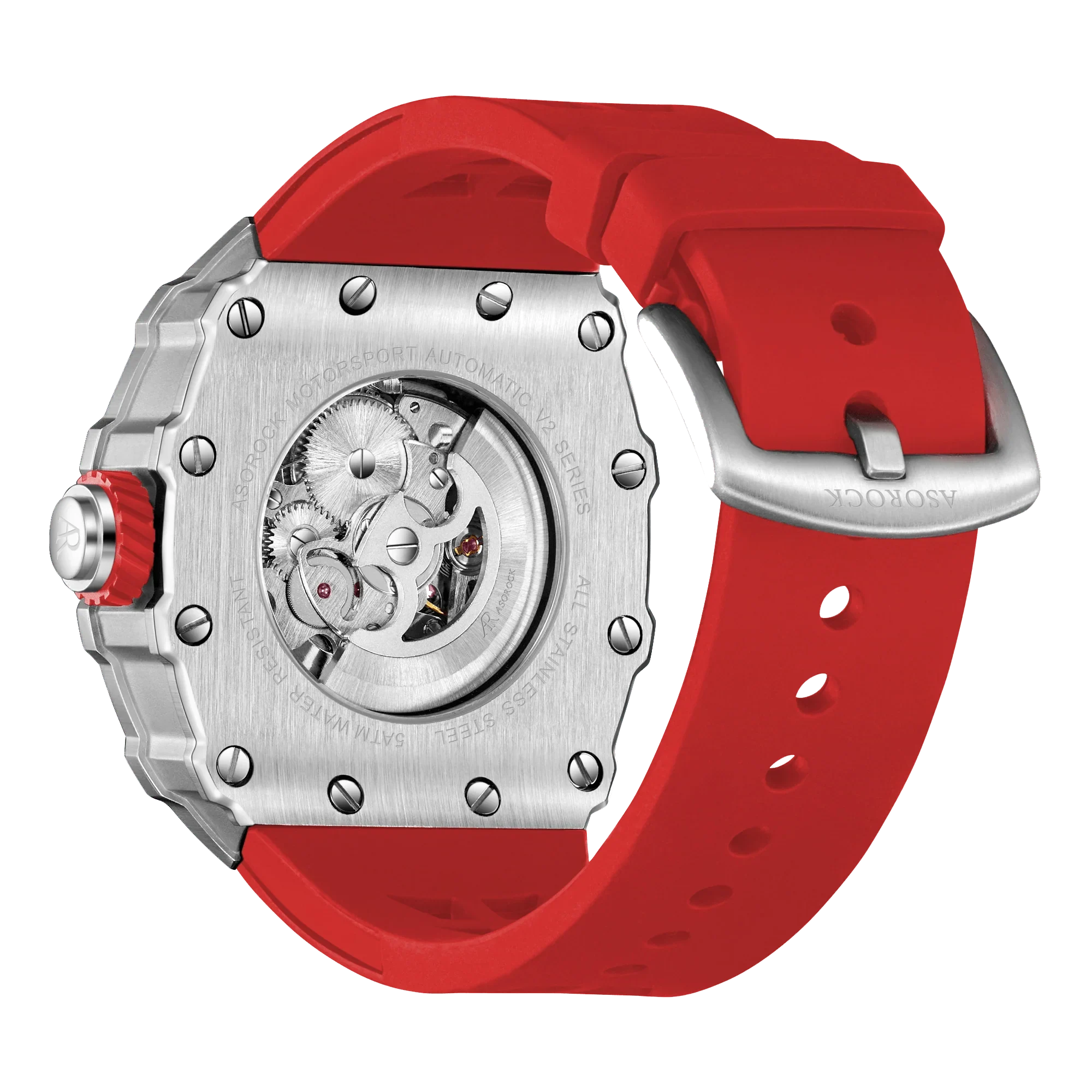 Silver/red Motorsport V2 automatic - from ASOROCK WATCHES  a black african american owned luxury unique watch brand with swiss rolex, Audemars Piguet, patek homage inspired style watches. Also a custom vvs moissanite diamond watch maker. 