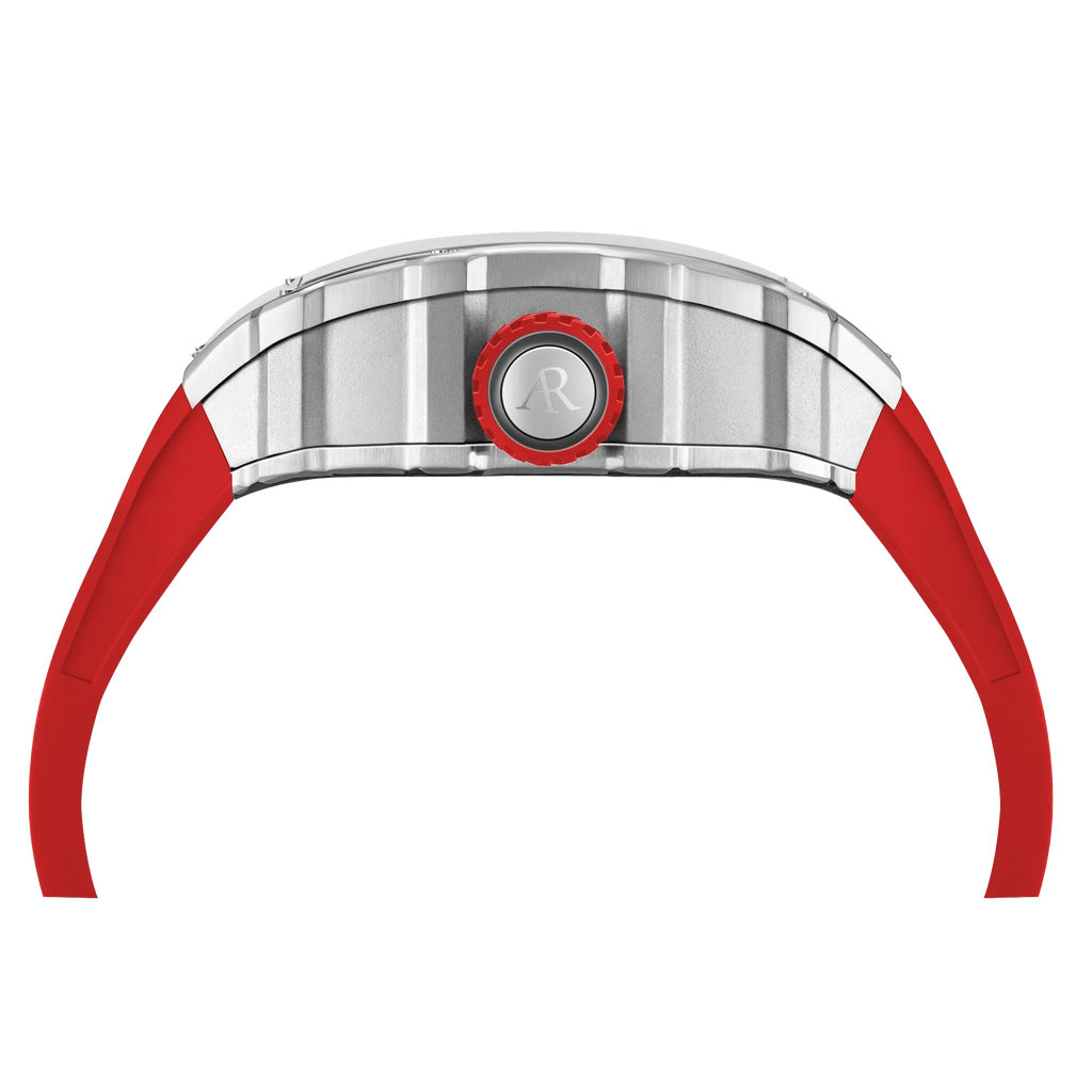 Silver/red Motorsport V2 automatic - from ASOROCK WATCHES  a black african american owned luxury unique watch brand with swiss rolex, Audemars Piguet, patek homage inspired style watches. Also a custom vvs moissanite diamond watch maker. 