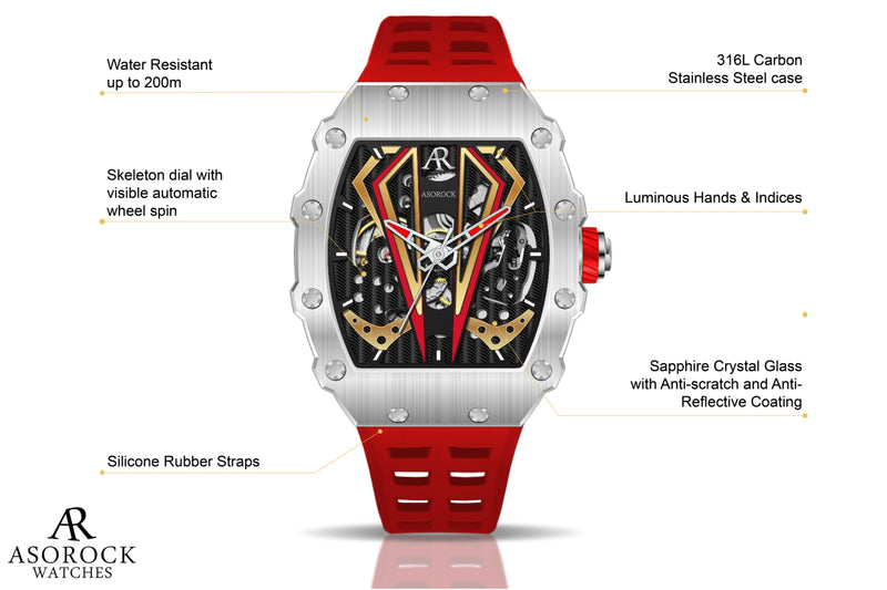 Silver/red Motorsport V2 automatic - from ASOROCK WATCHES  a black african american owned luxury unique watch brand with swiss rolex, Audemars Piguet, patek homage inspired style watches. Also a custom vvs moissanite diamond watch maker. 