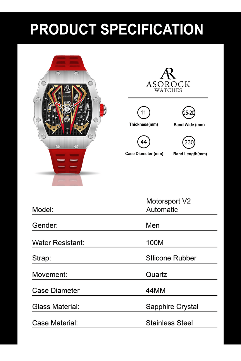 Silver/red Motorsport V2 automatic - from ASOROCK WATCHES  a black african american owned luxury unique watch brand with swiss rolex, Audemars Piguet, patek homage inspired style watches. Also a custom vvs moissanite diamond watch maker. 