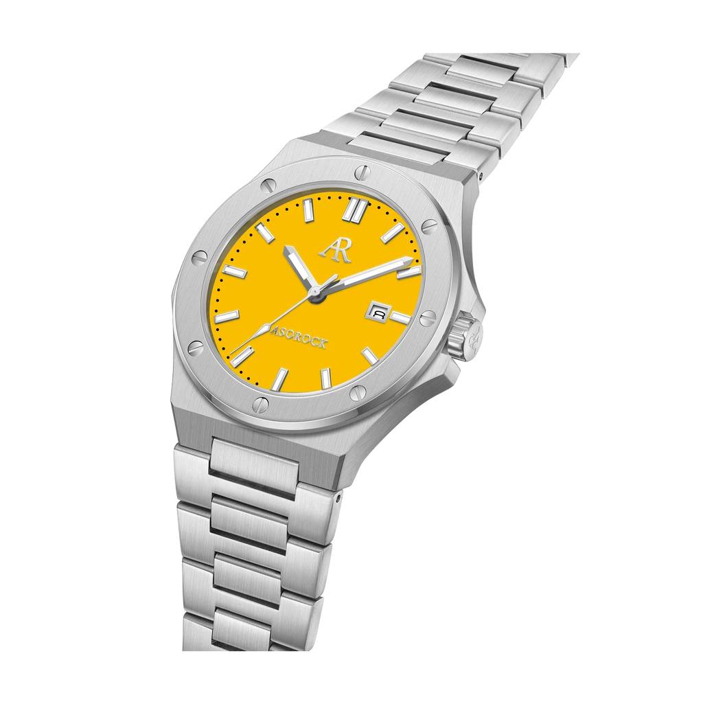 Silver/yellow Mansa - from ASOROCK WATCHES  a black african american owned luxury unique watch brand with swiss rolex, Audemars Piguet, patek homage inspired style watches. Also a custom vvs moissanite diamond watch maker.