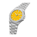 Silver/yellow Mansa - from ASOROCK WATCHES  a black african american owned luxury unique watch brand with swiss rolex, Audemars Piguet, patek homage inspired style watches. Also a custom vvs moissanite diamond watch maker.