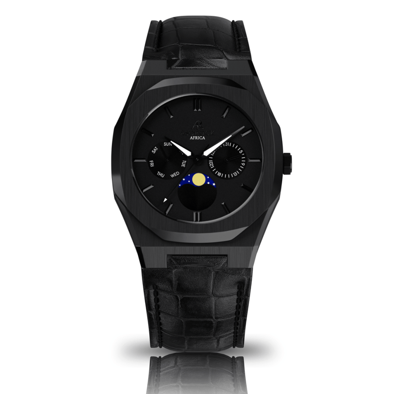 black leather All Black Transporter - from ASOROCK WATCHES  a black african american owned luxury unique watch brand with swiss rolex AP homage style watches 