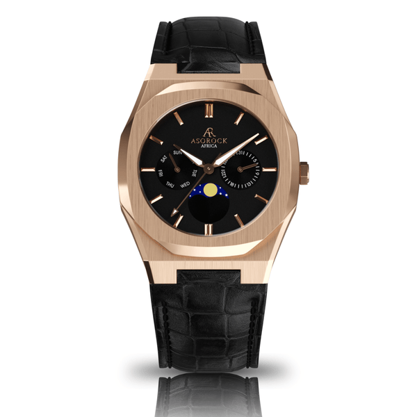 Black Leather Rosegold/Black Transporter - from ASOROCK WATCHES  a black african american owned luxury unique watch brand with swiss rolex AP homage style watches 