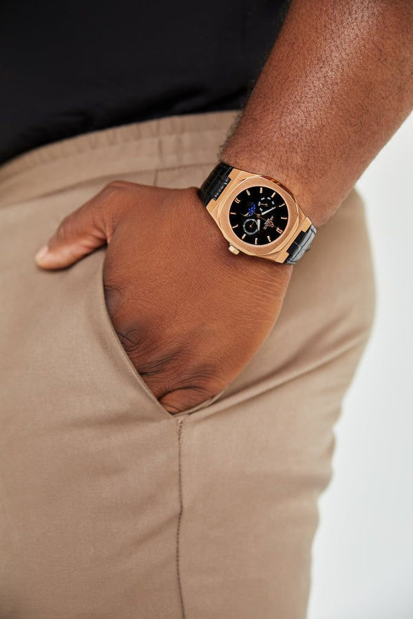 Black Leather Rosegold/Black Transporter - from ASOROCK WATCHES  a black african american owned luxury unique watch brand with swiss rolex AP homage style watches 
