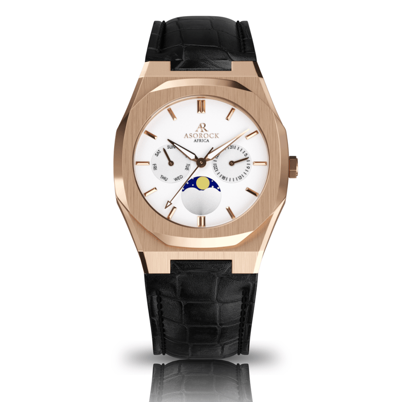 Black leather Rosegold/White Transporter - from ASOROCK WATCHES  a black african american owned luxury unique watch brand with swiss rolex AP homage style watches 