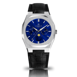 Black leather Silver/Blue Transporter - from ASOROCK WATCHES  a black african american owned luxury unique watch brand with swiss rolex AP homage style watches 