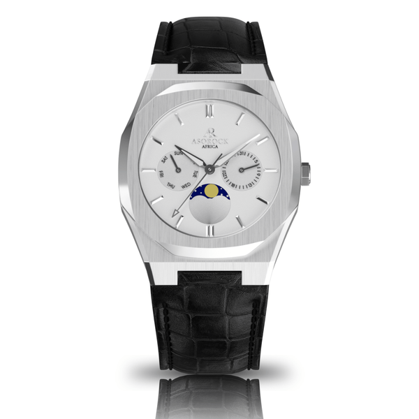 Black leather Silver/White Transporter - from ASOROCK WATCHES  a black african american owned luxury unique watch brand with swiss rolex AP homage style watches 