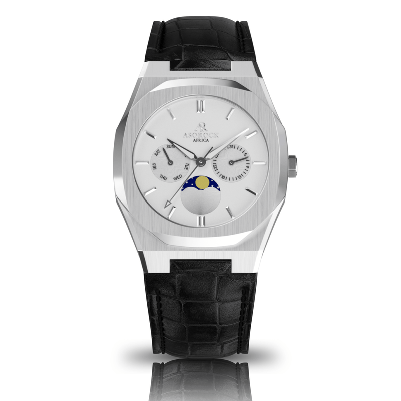 Black leather Silver/White Transporter - from ASOROCK WATCHES  a black african american owned luxury unique watch brand with swiss rolex AP homage style watches 