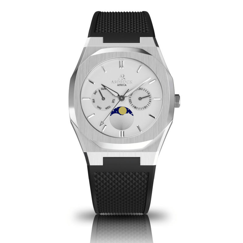BLACK RUBBER Silver/White Transporter - from ASOROCK WATCHES  a black african american owned luxury unique watch brand with swiss rolex AP homage style watches 