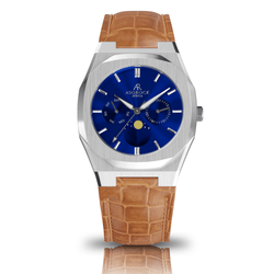Brown leather Silver/Blue Transporter - from ASOROCK WATCHES  a black african american owned luxury unique watch brand with swiss rolex AP homage style watches 