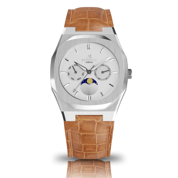 BROWN leather Silver/White Transporter - from ASOROCK WATCHES  a black african american owned luxury unique watch brand with swiss rolex AP homage style watches 