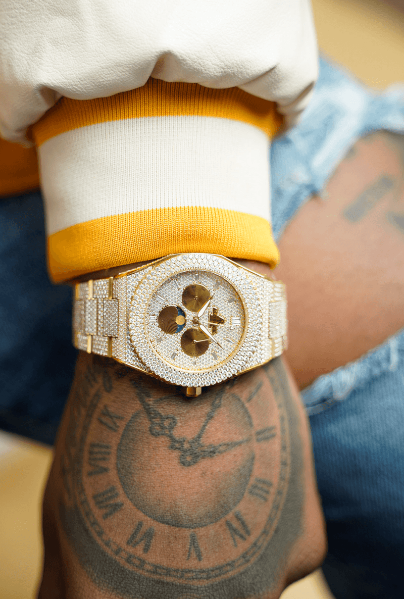 Fully iced out diamond transporter - from ASOROCK WATCHES  a black african american owned luxury unique watch brand with swiss rolex, Audemars Piguet, patek homage inspired style watches. Also a custom vvs moissanite diamond watch maker. 