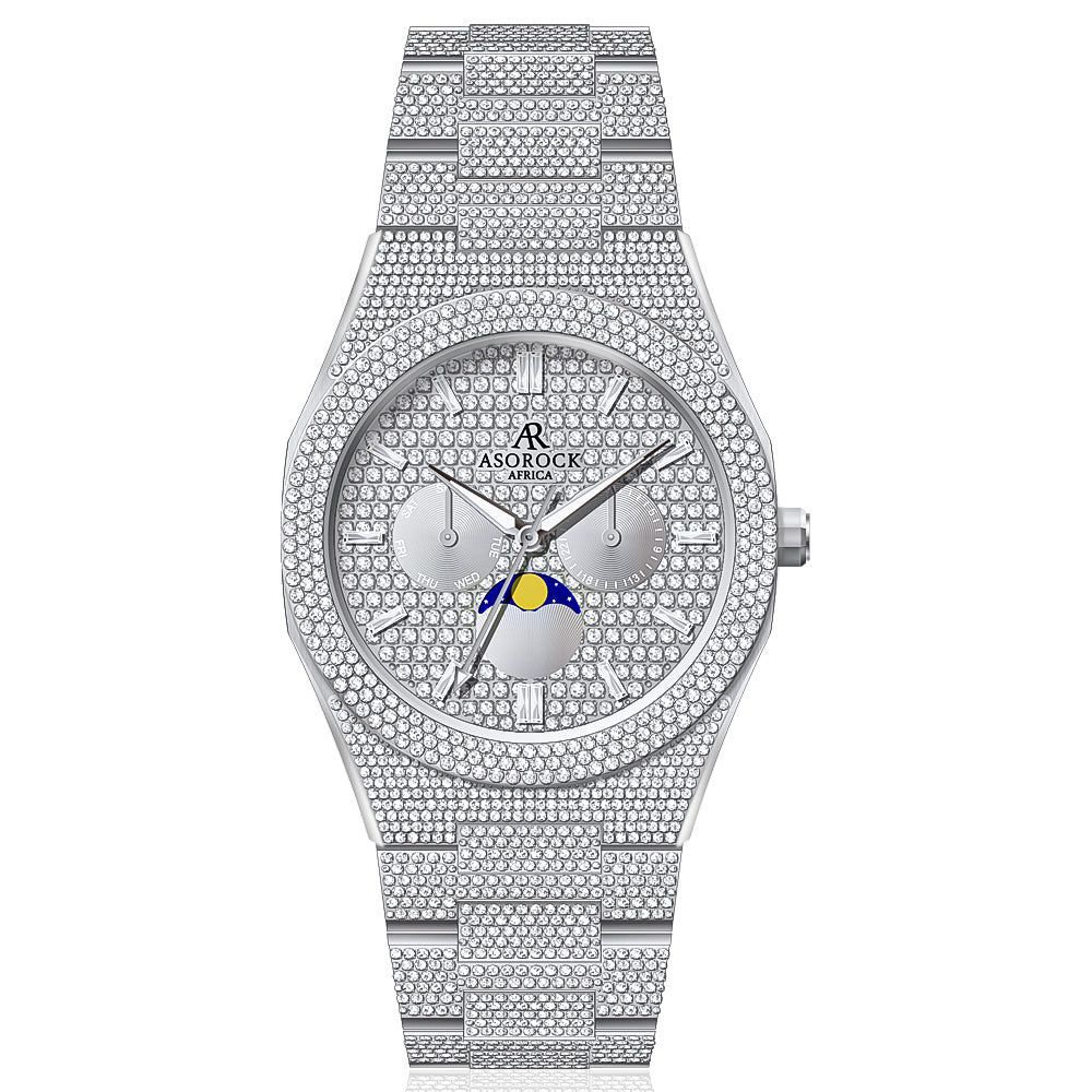 Fully iced out diamond transporter - from ASOROCK WATCHES  a black african american owned luxury unique watch brand with swiss rolex, Audemars Piguet, patek homage inspired style watches. Also a custom vvs moissanite diamond watch maker. 