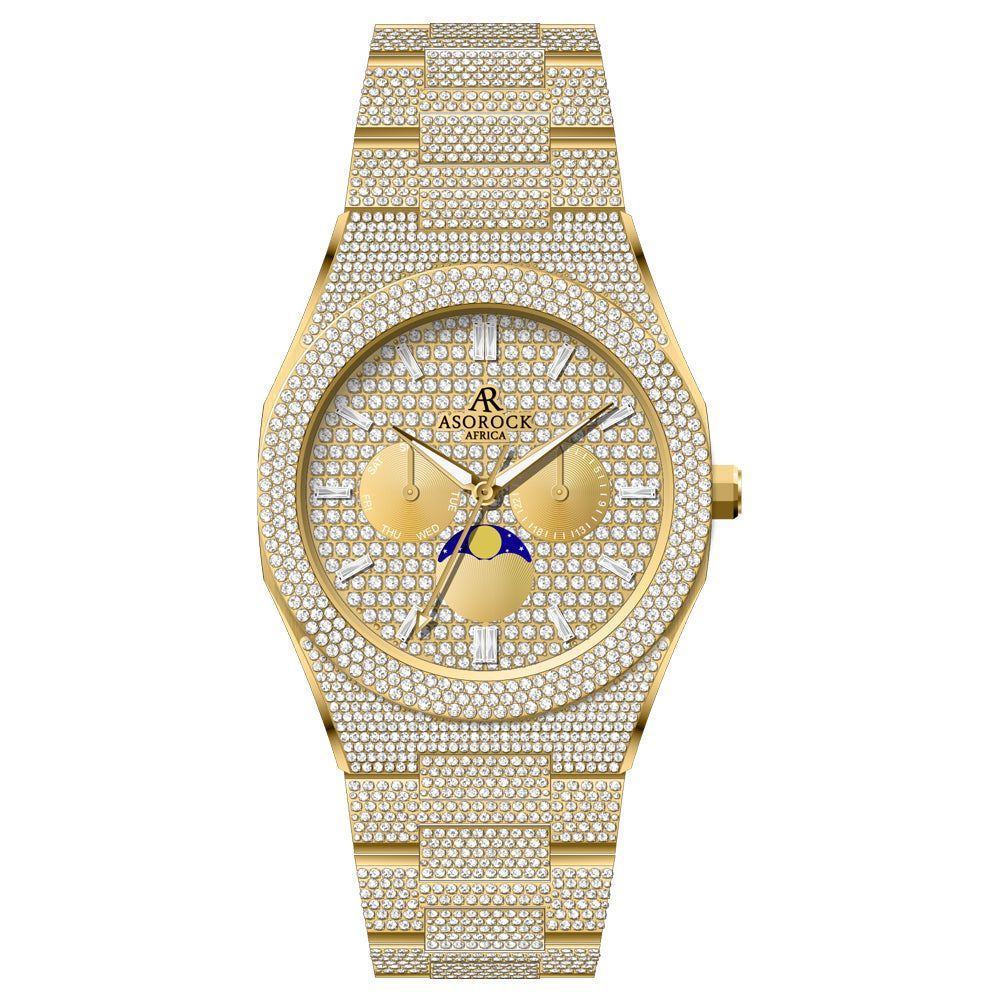 Fully iced out diamond transporter - from ASOROCK WATCHES  a black african american owned luxury unique watch brand with swiss rolex, Audemars Piguet, patek homage inspired style watches. Also a custom vvs moissanite diamond watch maker. 