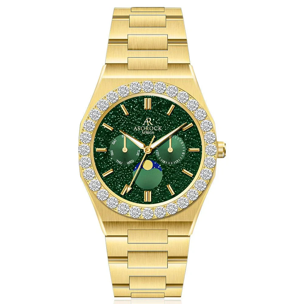 Iced diamond bezel transporter - plain straps - from ASOROCK WATCHES  a black african american owned luxury unique watch brand with swiss rolex, Audemars Piguet, patek homage inspired style watches. Also a custom vvs moissanite diamond watch maker. 