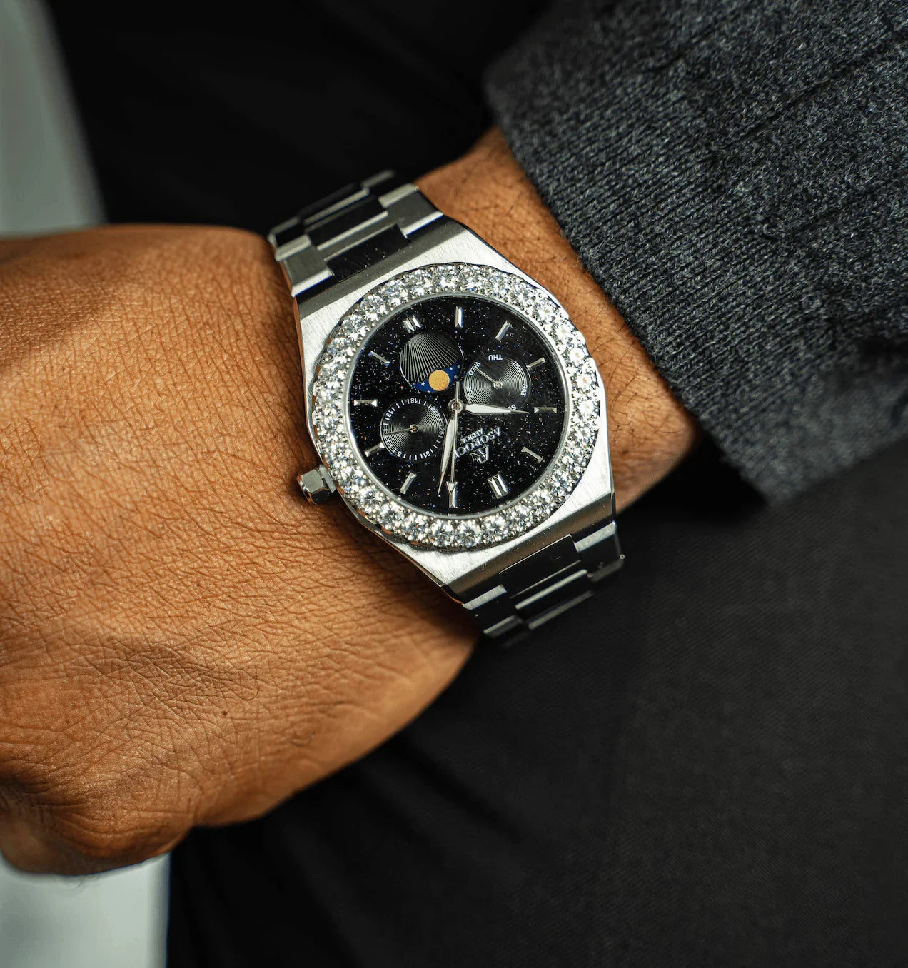 Iced diamond bezel transporter - plain straps - from ASOROCK WATCHES  a black african american owned luxury unique watch brand with swiss rolex, Audemars Piguet, patek homage inspired style watches. Also a custom vvs moissanite diamond watch maker. 