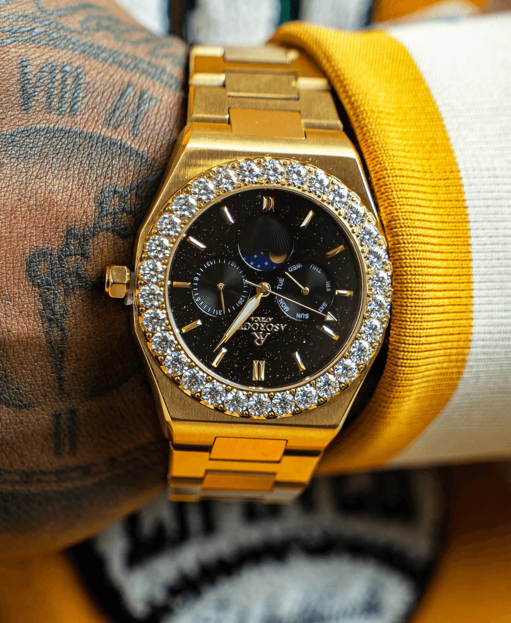 Iced diamond bezel transporter - plain straps - from ASOROCK WATCHES  a black african american owned luxury unique watch brand with swiss rolex, Audemars Piguet, patek homage inspired style watches. Also a custom vvs moissanite diamond watch maker. 