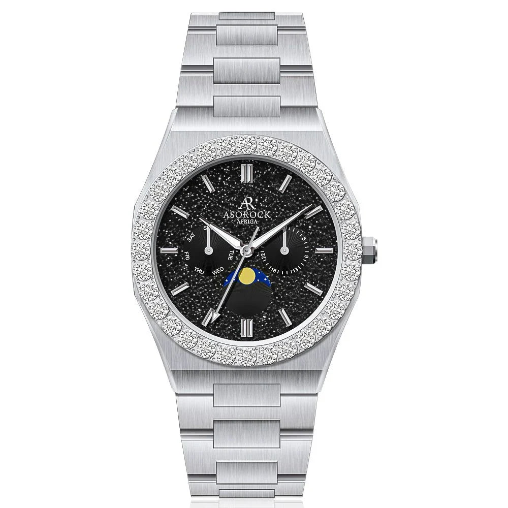 Iced diamond bezel transporter - plain straps - from ASOROCK WATCHES  a black african american owned luxury unique watch brand with swiss rolex, Audemars Piguet, patek homage inspired style watches. Also a custom vvs moissanite diamond watch maker. 