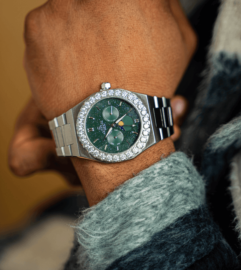 Iced diamond bezel transporter - plain straps - from ASOROCK WATCHES  a black african american owned luxury unique watch brand with swiss rolex, Audemars Piguet, patek homage inspired style watches. Also a custom vvs moissanite diamond watch maker. 