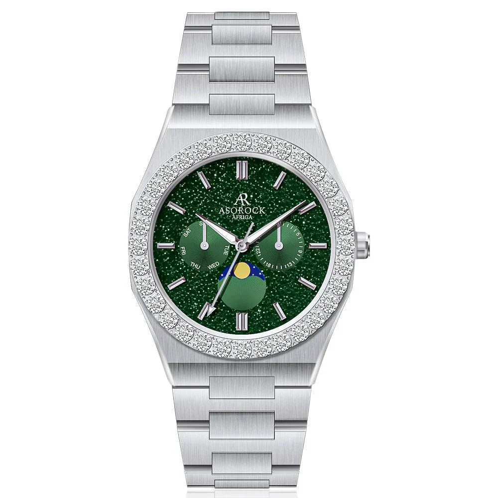 Iced diamond bezel transporter - plain straps - from ASOROCK WATCHES  a black african american owned luxury unique watch brand with swiss rolex, Audemars Piguet, patek homage inspired style watches. Also a custom vvs moissanite diamond watch maker. 