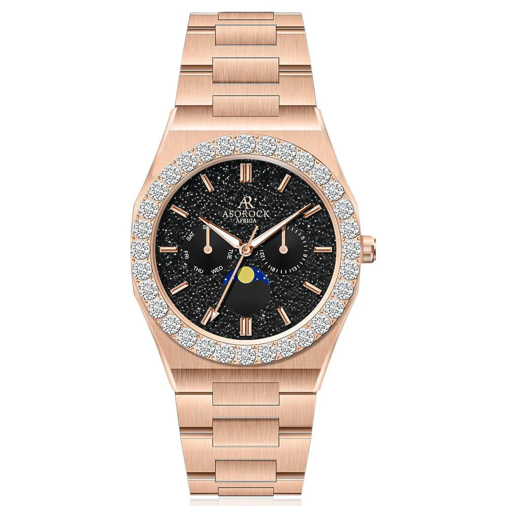 Iced diamond bezel transporter - plain straps - from ASOROCK WATCHES  a black african american owned luxury unique watch brand with swiss rolex, Audemars Piguet, patek homage inspired style watches. Also a custom vvs moissanite diamond watch maker. 