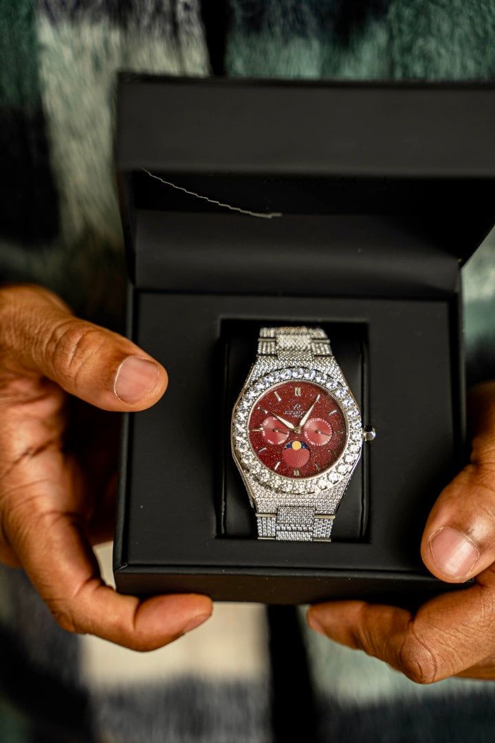 Iced transporter - Big diamond bezel - Fully iced strap - from ASOROCK WATCHES  a black african american owned luxury unique watch brand with swiss rolex, Audemars Piguet, patek homage inspired style watches. Also a custom vvs moissanite diamond watch maker. 