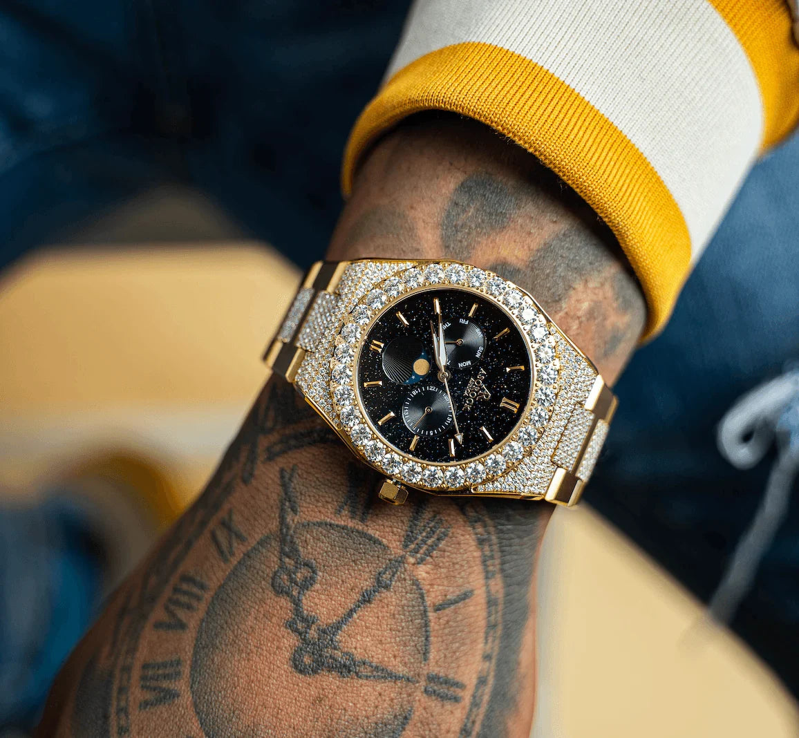 Iced transporter - Big diamond bezel - Half iced strap - from ASOROCK WATCHES  a black african american owned luxury unique watch brand with swiss rolex, Audemars Piguet, patek homage inspired style watches. Also a custom vvs moissanite diamond watch maker. 