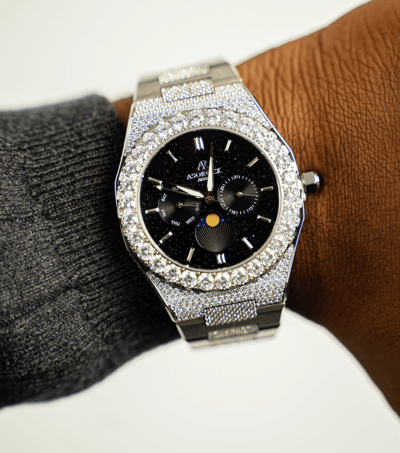 Iced transporter - Big diamond bezel - Half iced strap - from ASOROCK WATCHES  a black african american owned luxury unique watch brand with swiss rolex, Audemars Piguet, patek homage inspired style watches. Also a custom vvs moissanite diamond watch maker. 
