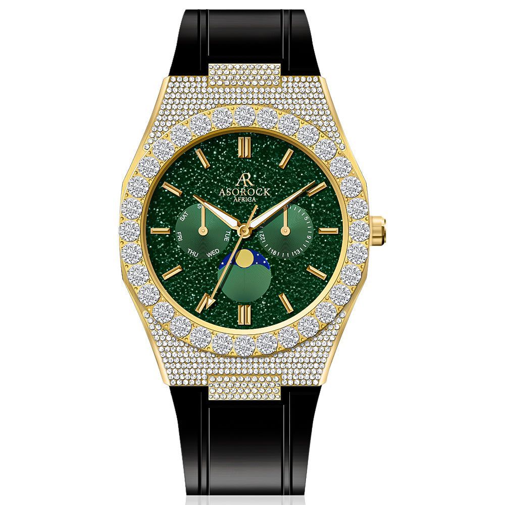 Iced transporter - Big diamond bezel - rubber strap - from ASOROCK WATCHES  a black african american owned luxury unique watch brand with swiss rolex, Audemars Piguet, patek homage inspired style watches. Also a custom vvs moissanite diamond watch maker. 