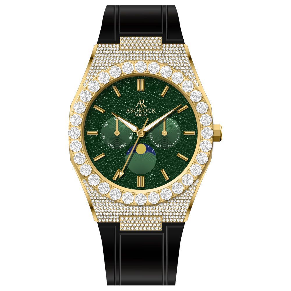 Iced transporter - Big diamond bezel - rubber strap - from ASOROCK WATCHES  a black african american owned luxury unique watch brand with swiss rolex, Audemars Piguet, patek homage inspired style watches. Also a custom vvs moissanite diamond watch maker. 